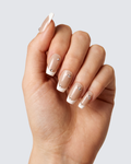 Diamond French press on nails, nude square with white french tips and rhinestone accents
