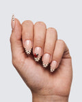 Lady Bug press on nails, sheer nude almond with a white french tip, black polka dots and a ladybug accent nail