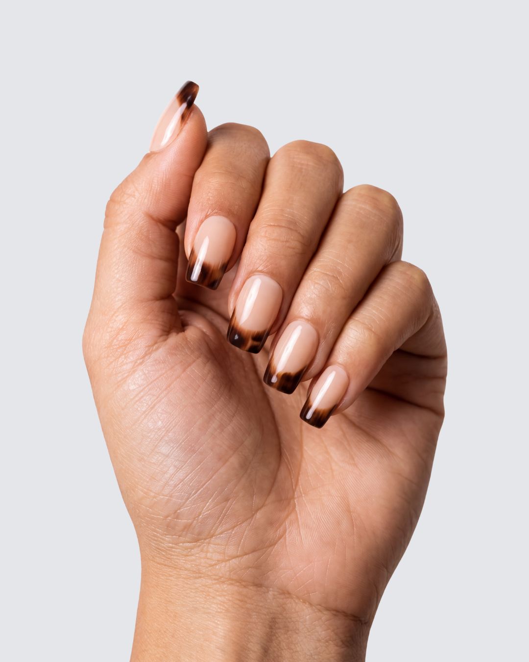 Pounce press on nails, creamy nude square with a tortoiseshell french tip