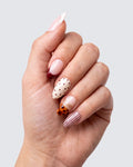 Saint Germain press on nails, glossy almond mix with cream and burgundy french tips, polka dots, pinstripes and gold leopard