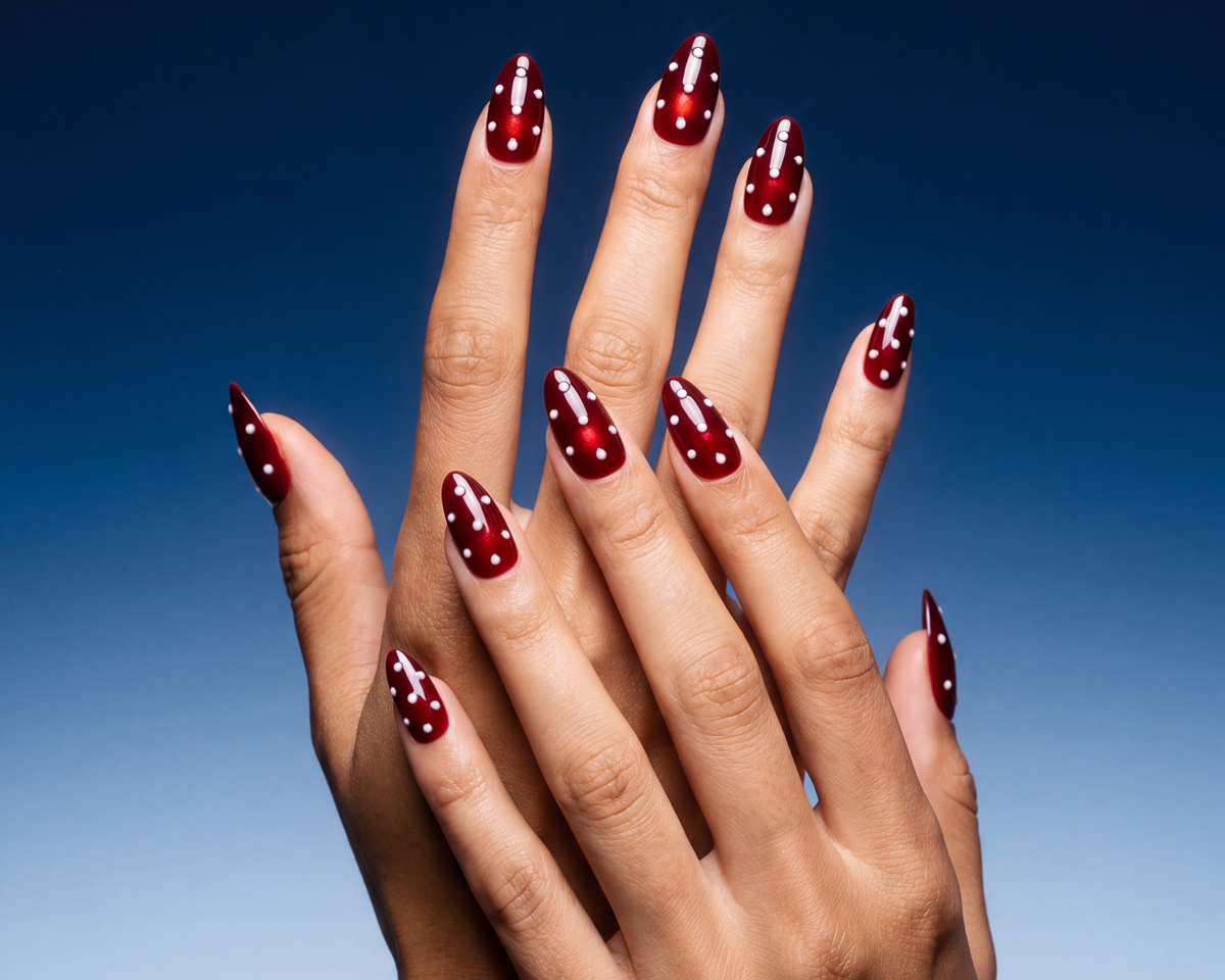 model wearing red almond press on nails from the nail form